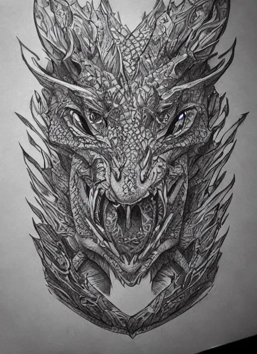 Prompt: highly detailed picture of great dragon, sketch tattoo, edge of the universe, perfectly symmetrical face, highly detailed, masterpiece, trending on artstation, golden ratio, cinematic romantic magical, perfect intricate