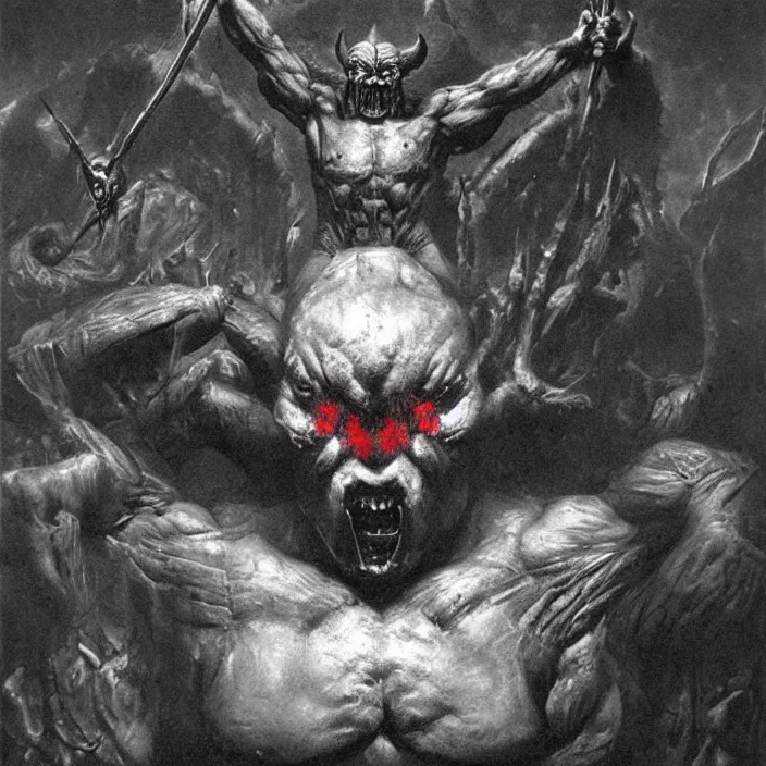 Image similar to demon berserker, symmetrical, muscular body, demon, balrog, beksinski