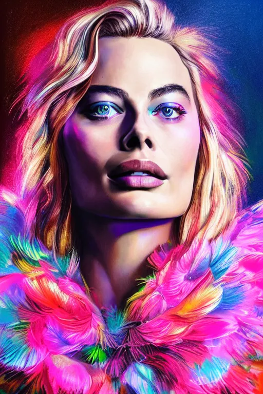 Image similar to Detailed portrait of beautiful Margot Robbie strong neon lighting, extravagant feathered collar, futuristic, by glenn fabry, hyper realistic, HD, oil on canvas