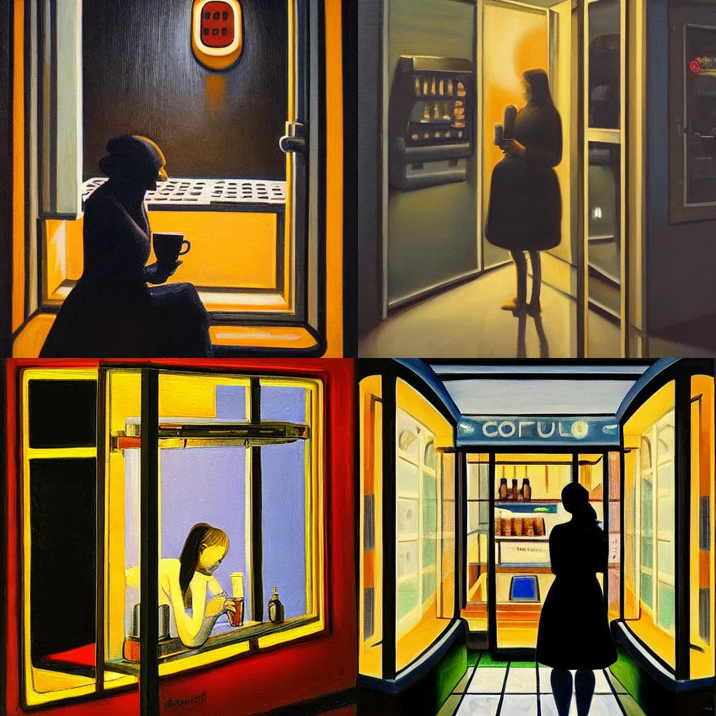 Prompt: the painting portrays a lone woman staring into a cup of coffee in an automat at night. the reflection of identical rows of light fixtures stretches out through the night - blackened window.