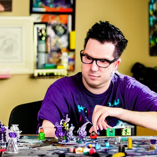 Image similar to violet - haired slim shaved emo male game designer who plays blood bowl and paints miniatures, sitting at his untidy working table