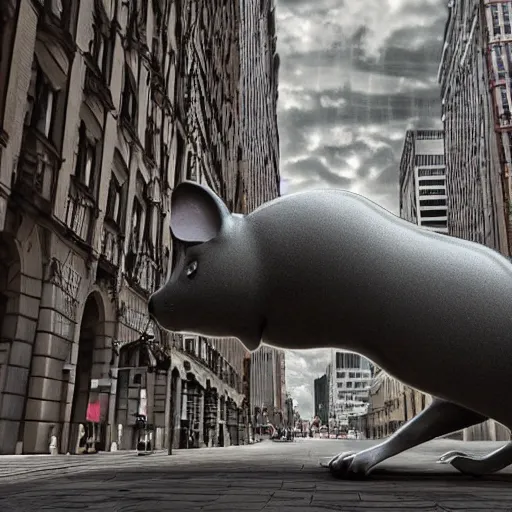 Image similar to giant mouse in the city, photorealistic, highly detailed, sharp focus, vivid, symmetrical, random, convoluted, mind - blowing, creative, fully functional, physics defying, amazing, cool, hdr