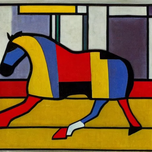 Prompt: a horse painted by piet mondriaan, primary colours, modern art