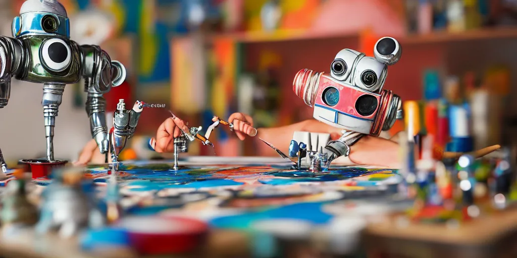 Image similar to closeup portrait of tin toy retro robot painter mixing gouache on white paper table in an artist workshop, depth of field, zeiss lens, detailed, centered, fashion photoshoot, by nicoletta ceccoli, mark ryden, lostfish, breathtaking, 8 k resolution, extremely detailed, beautiful, establishing shot, artistic, hyperrealistic, octane render