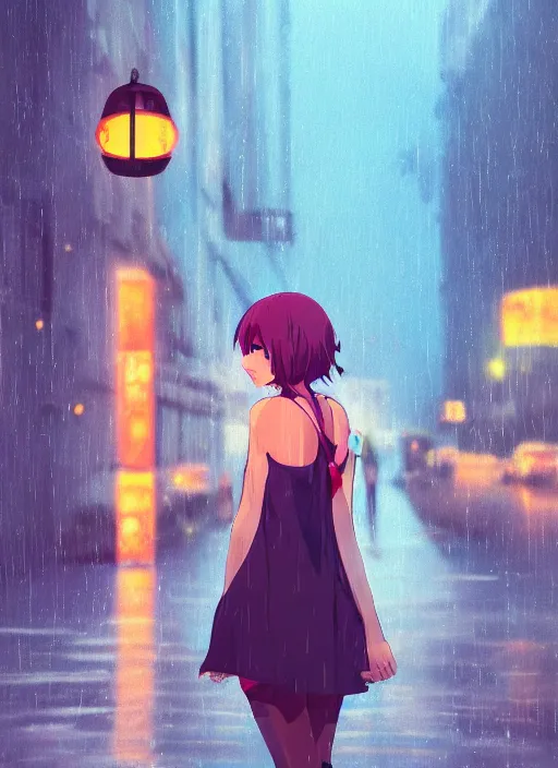 Image similar to listening to music at 2 am, night, pretty girl, pose, rain, lofi, lofi, peaceful, street light, anime key visual, poster, street wears, anime, by wlop, high quality, 4 k, trending, trending on artstation