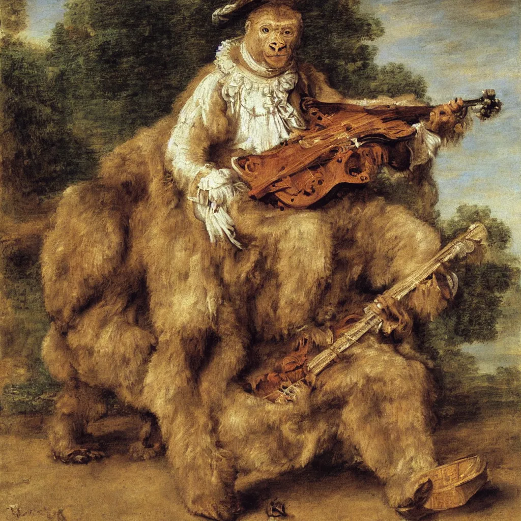 Prompt: oil painting by Watteau of a gorilla in 18th century clothing playing a hurdy-gurdy.