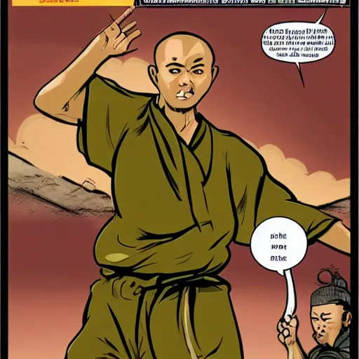 Prompt: shaolin monk putting on an army uniform and saying I\'m ready in a speech bubble