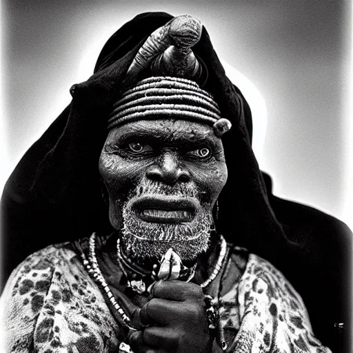 Image similar to black and white photo, portrait of Congolese voodoo master by sebastiao salgado, realistic, Leica, medium format, cinematic lighting, parallax, high resolution,