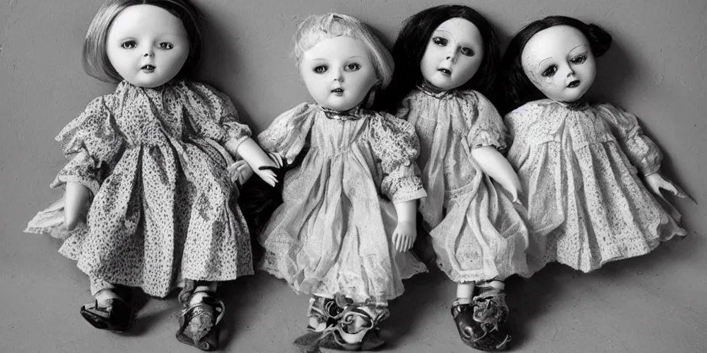 Image similar to creepy doll collection, black and white vintage photo