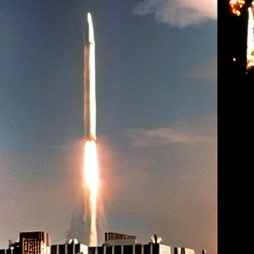 Image similar to nuclear missile destroy the world trace center towers, in american psycho ( 1 9 9 9 )