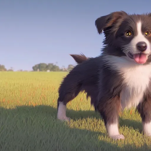 Image similar to a wholesome animation key shot of a gray black copper australian shepherd puppy, studio ghibli, pixar and disney animation, sharp, rendered in unreal engine 5, anime key art by greg rutkowski, bloom, dramatic lighting