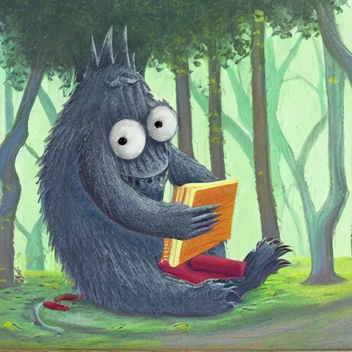 Image similar to monster reading a book in a forest, where the wild things are, bicycle nearby, oil on canvas, calm