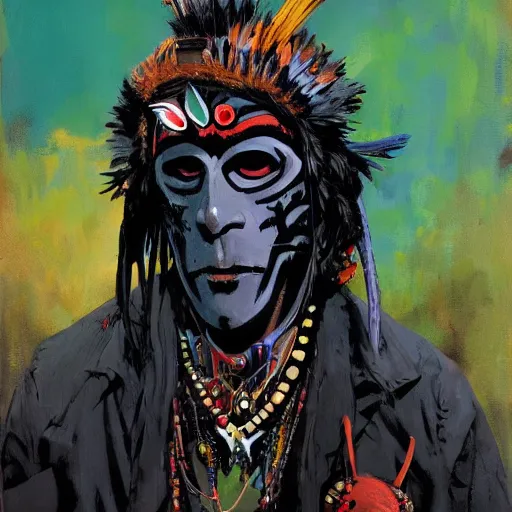 Prompt: painting of mobieus shaman wearing Raven mask comic cover art by ashley wood , 4K post processing