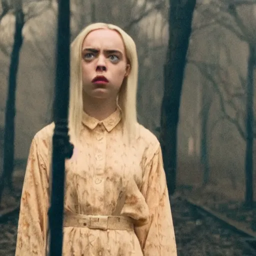Image similar to Billie Eilish in Inglorious Basterds, movie still, grainy, 35mm