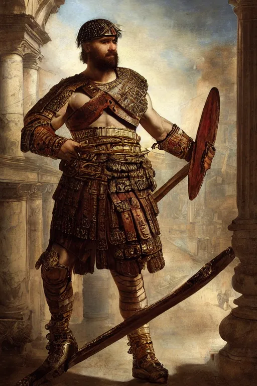 Prompt: roman legionnaire, painting, fine art, high contrast, divine, strong, rembrandt lighting, global illumination, insanely detailed and intricate, elegant, ornate, in neo - classical cityscape