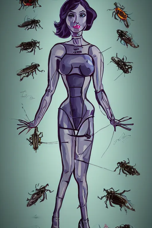 Image similar to bugs lady, with body full of bugs, cleanest posse, cleanest content, reduce duplication, justify, realistic parallel content, hyperrealistic anatomy, violet polsangi pop art, gta chinatown wars art style, sharp focus, bioshock infinite art style, incrinate, rgba color, white frame, balance proportion content