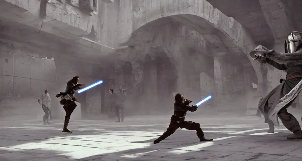 Image similar to Wide shot of an epic jedi fight in a old soviet city, cinematic, sci-fi, fantasy