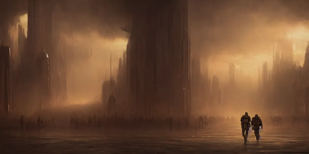 Prompt: a painting of a cinematic keyframe of a star wars mysterious mandalorian walking into a cinematic landscape city, heavy atmosphere and smoke by greg rutkowski, rule of thirds, golden ratio, ambient lighting, wlop, artgerm, artstation, highly detailed masterpiece, dark fantasy art, high detail, trending on artstation