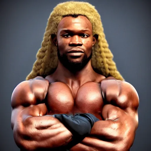Image similar to a handsome bodybuilder viking girl with african american, clash royal style characters, unreal engine 5, octane render, detailed, cinematografic, cinema 4 d, artstation trending