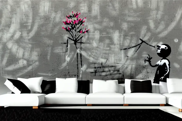 Image similar to abstract wall painting of nature landscape, grey grunge wall rule of thirds, art by banksy