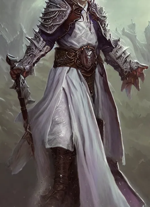 Image similar to white cloak holy priest, ultra detailed fantasy, dndbeyond, bright, colourful, realistic, dnd character portrait, full body, pathfinder, pinterest, art by ralph horsley, dnd, rpg, lotr game design fanart by concept art, behance hd, artstation, deviantart, hdr render in unreal engine 5