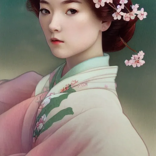 Prompt: side portrait of a young woman wearing a kimono, cherry blossom crown, long hair, hair down, headshot, hyper realistic, pale skin, 4k, rule of thirds, extreme detail, detailed drawing, trending artstation, hd, fantasy, D&D, realistic lighting, by Alphonse Mucha, Greg Rutkowski, sharp focus, backlit, elegant