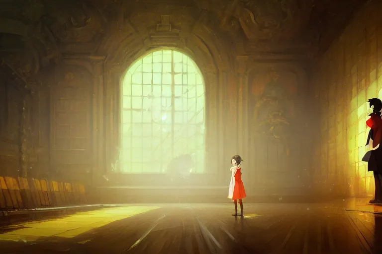 Image similar to baroque oil painting of anime key visual concept art of teacher in giant auditorium, trending on artstation, palette knife and brush strokes, oil on canvas, style of makoto shinkai greg rutkowski studio ghibli