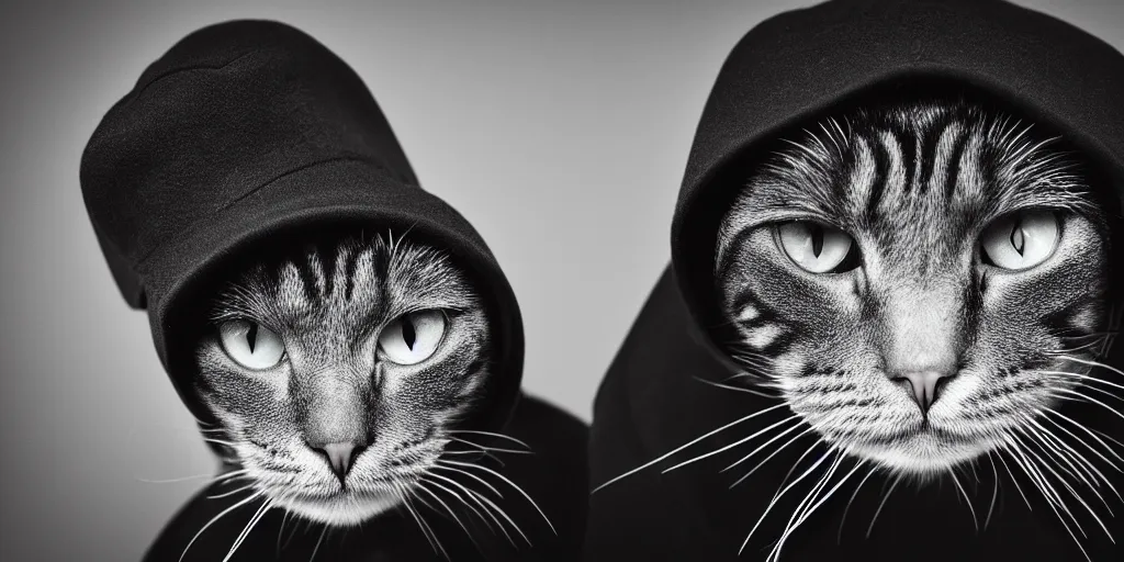 Image similar to a close up sad cat wearing a black hoodie, black hat, studio potrait, dramatic lighting, black background, highly detailed