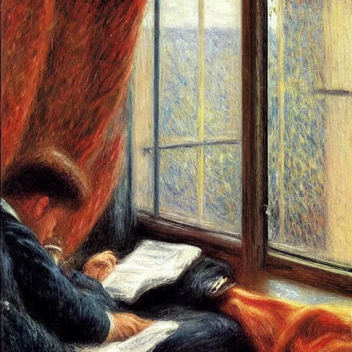 Prompt: on a rainy day, someone in home sits in bed, curled up under the covers, watching the rain outside the window, cinematic, artstation, extremely detailed, intricate, cinematic lighting, art by pierre - auguste renoir, gustave caillebotte