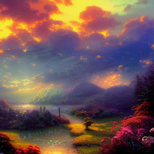 Prompt: orange clouds dream landscape by thomas kinkade, fantasy art, magical realism, moody lighting