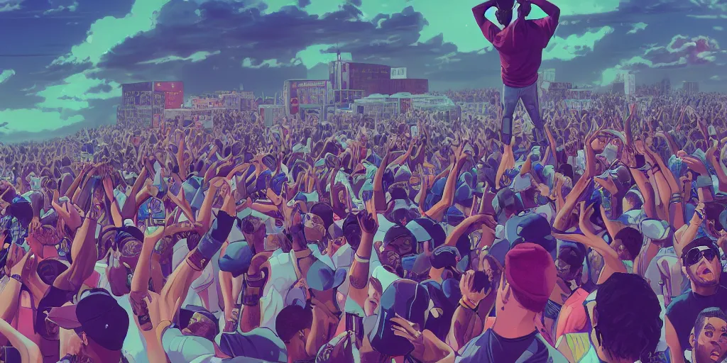 Image similar to rapper leaning over huge crowd reaching up to him, digital art, vapor wave, hip hop, trending on Artstation, professional artist, detailed, 4k