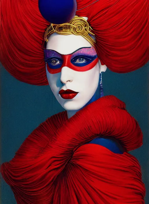 Image similar to an 8 0 s portrait of a woman with dark blue eye - shadow and red lips with dark slicked back hair, a mask made of wire and beads, dreaming acid - fueled hallucinations by serge lutens, rolf armstrong, delphin enjolras, peter elson, red cloth background, airbrush