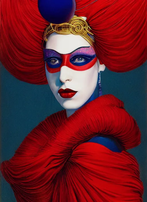 Prompt: an 8 0 s portrait of a woman with dark blue eye - shadow and red lips with dark slicked back hair, a mask made of wire and beads, dreaming acid - fueled hallucinations by serge lutens, rolf armstrong, delphin enjolras, peter elson, red cloth background, airbrush