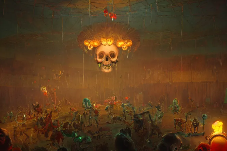 Image similar to skull clown inside a circus, illustrated by Simon Stålenhag and Gaston Bussiere, 35mm lens, rule of third, beautiful volumetric-lighting-style atmosphere, intricate, ultra detailed, photorealistic imagery, trending on artstation, 4k, 8k