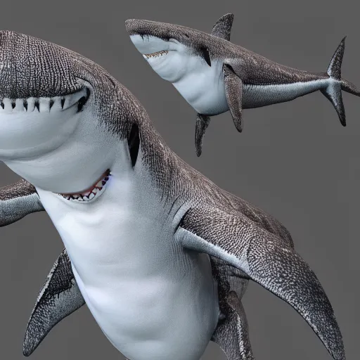 Image similar to 3 d render, hyper realistic anthropomorphic shark, male, clothing made from seaweed.