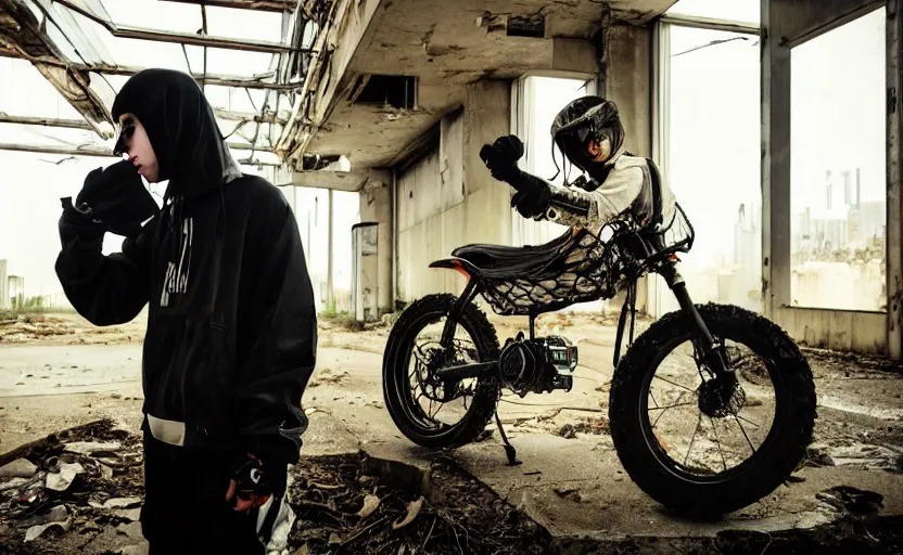 Image similar to cinestill 5 0 d candid photographic portrait by stanley kubrick of billie eilish as a cyborg wearing rugged black mesh techwear on a dirtbike through an abandoned mall, extreme closeup, modern cyberpunk moody emotional cinematic, liminal overgrown god rays, 8 k, hd, high resolution, 3 5 mm, f / 3 2, ultra realistic faces, ex machina