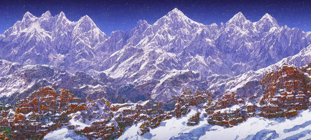 Prompt: background bright snowy huge Mountain alps Himalayas In the art style of Victor Nizovtsev and H. R. Giger