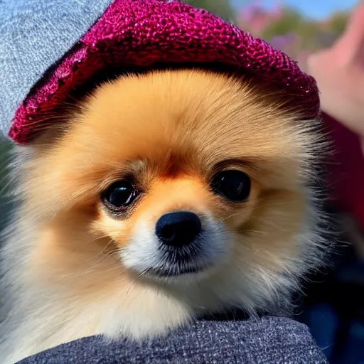 Image similar to close - up of a pomeranian wearing a a hat that reads women want me fish fear me, high resolution photo