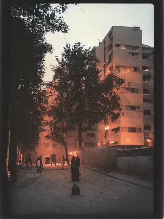 Image similar to polaroid photo of low residential building in russian suburbs, lights are on in the windows, deep night, post - soviet courtyard, cozy atmosphere, light fog, street lamps with orange light, several birches nearby, several elderly people stand at the entrance to the building