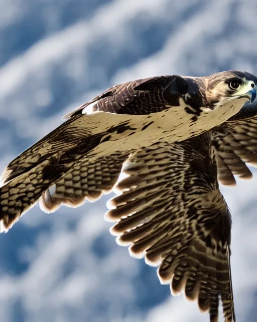 Prompt: A photo of a falcon surrounded by snowy mountains, focus on falcon, 4k