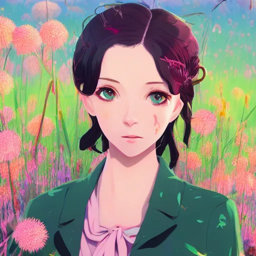 Prompt: a portrait of Anya joy Taylor, field of flowers background, rich vivid colors, ambient lighting, dynamic lighting, 4k, official media, anime key visual, makoto shinkai, ilya kuvshinov, lois van baarle, rossdraws, detailed, trending on artstation