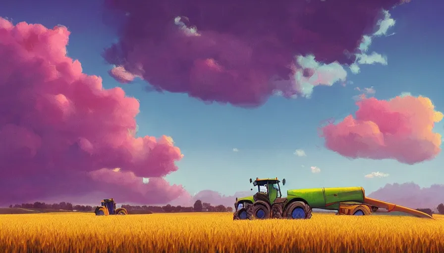 Image similar to colourful sky, wheat field, combine harvester, big trees, matte painting, art station, digital art, simon stalenhag