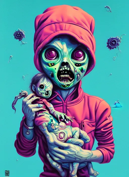 Image similar to a baby zombie in a pocket, tristan eaton, victo ngai, artgerm, rhads, ross draws