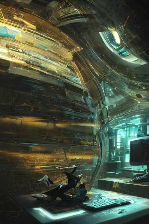 Image similar to Digital conceptl art, very highly detailed Haker that haking siting inside the giant very highly detailed computer, by Hiromasa Ogura, very highly Detailed digital concept art by Greg Rutkowski Bourdin, Dimensional Cyan Gold LED light, rendered in Octane Render, The Golden Ratio from the distance
