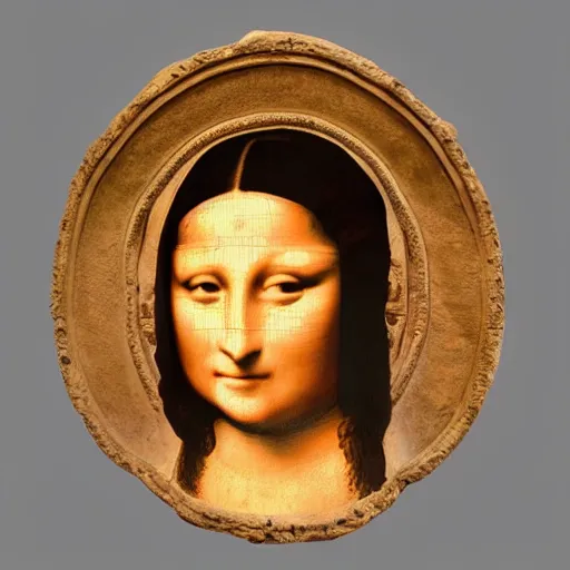 Prompt: the mona lisa in the style of an ancient greek mask, glazed terracotta, 3 0 0 bc, metropolitan museum of art