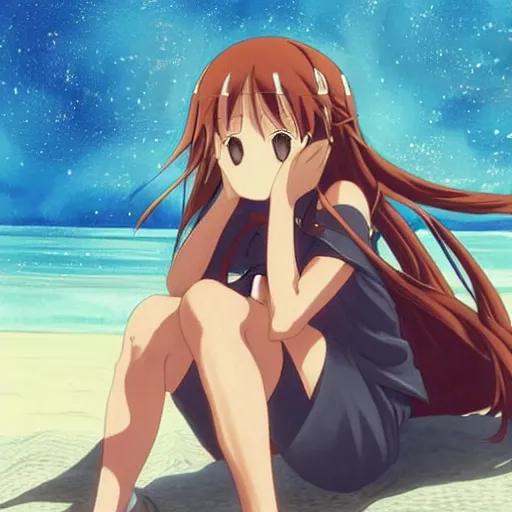 Image similar to wlop art: yuuki asuna sitting at the beach watching saturn in the sky