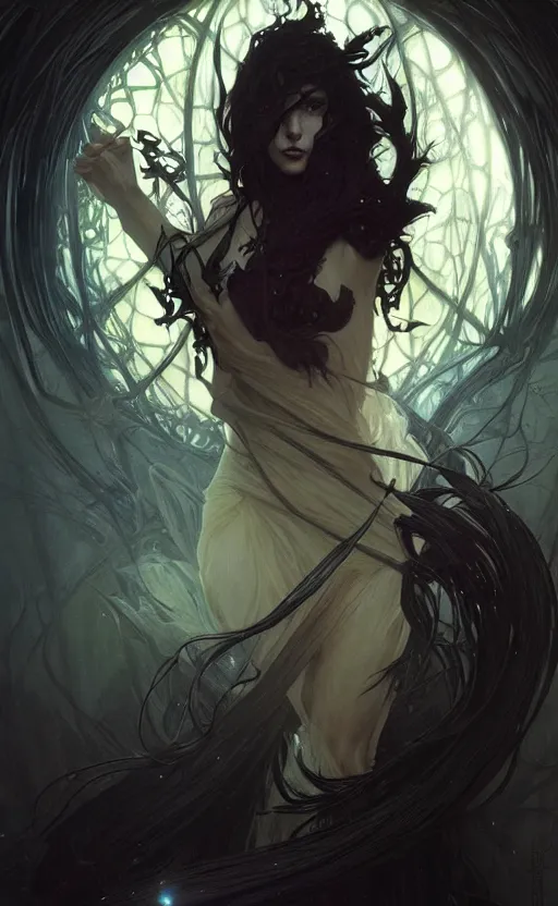 Image similar to a dark witch, black filaments, shadows, fantasy, d & d, intricate, highly detailed, digital painting, artstation, concept art, sharp focus, cinematic lighting, illustration, art by artgerm and greg rutkowski, alphonse mucha, cgsociety