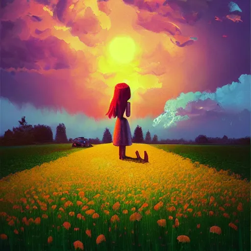 Image similar to girl with a giant carnation head, surreal photography, flower field, sunset dramatic light, impressionist painting, colorful clouds, blue sky, digital painting, artstation, simon stalenhag