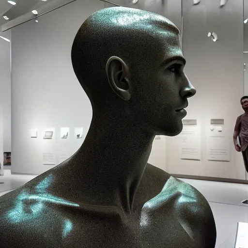 Image similar to “ a realistic detailed photo of a guy who is an attractive humanoid who is half robot and half humanoid, who is a male android, actor liam hemsworth, shiny skin, posing like a statue, blank stare, at the museum, on display ”