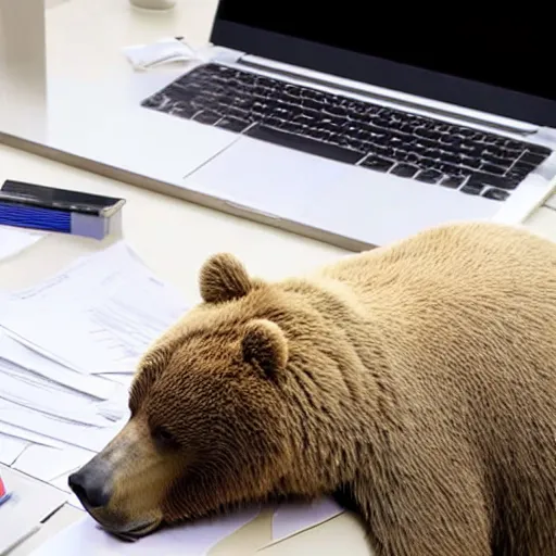 Image similar to tired bear on zoom call in office, piles of paperwork